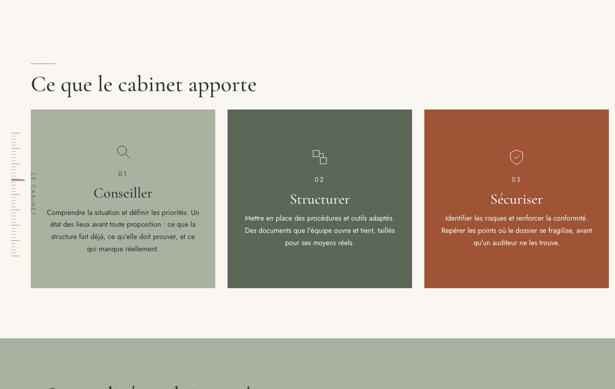 Trois cartes colorées du site Signature Qualité : conseiller, structurer, sécuriser.